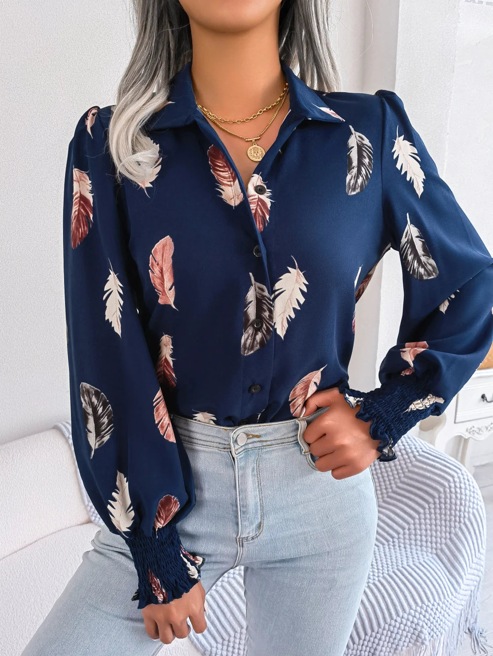 Chemise à manches longues pour femmes avec imprimé plumes 4