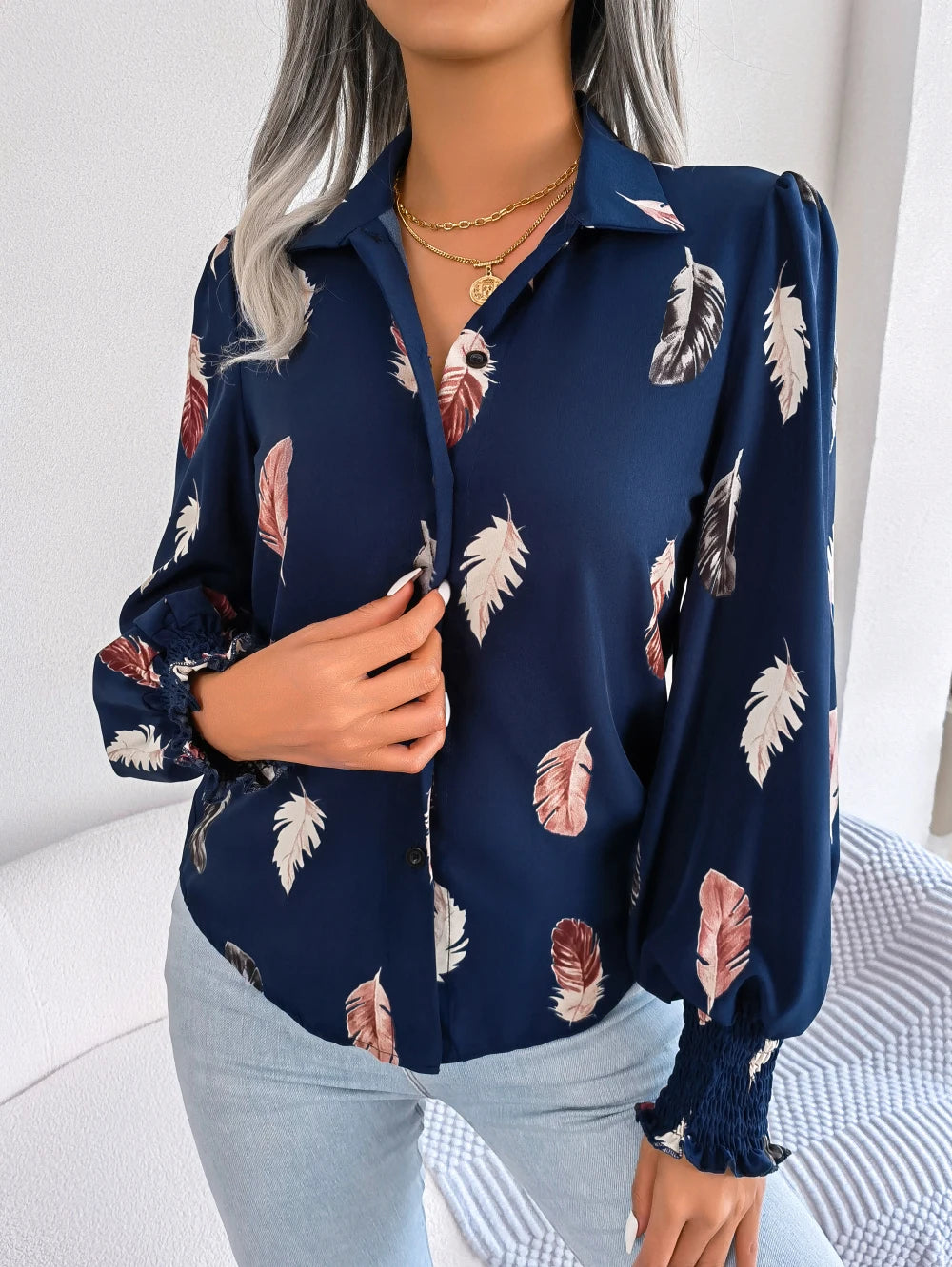 Chemise à manches longues pour femmes avec imprimé plumes 5