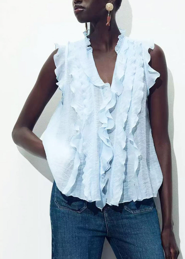 Chemise d'été à volants pour femme col en V 0