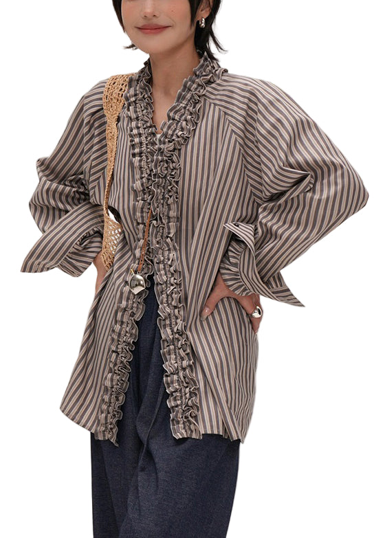 Chemise en Coton à Rayures pour Femme avec Col en V et Volants 0