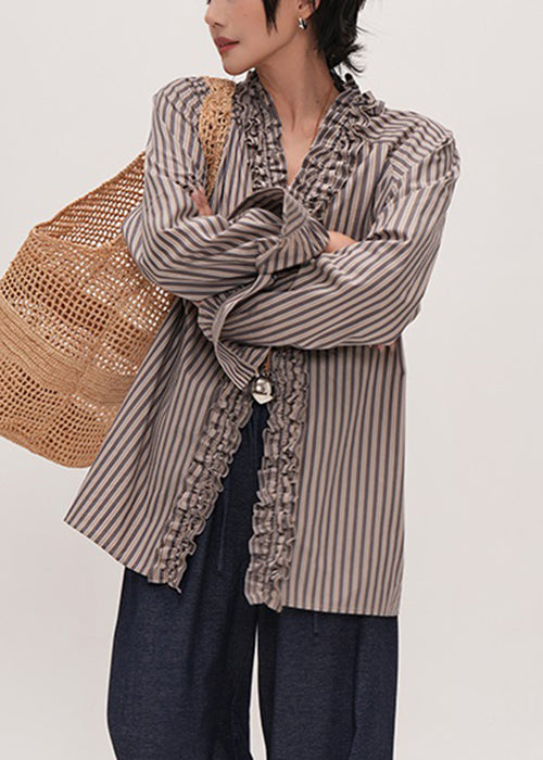 Chemise en Coton à Rayures pour Femme avec Col en V et Volants 3