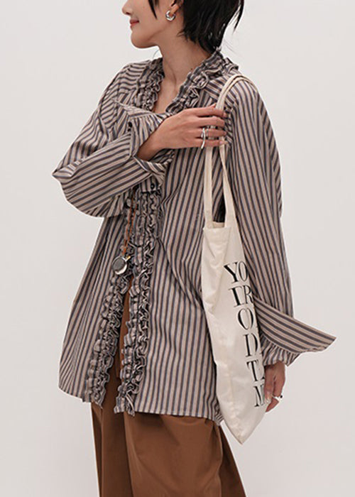 Chemise en Coton à Rayures pour Femme avec Col en V et Volants 4