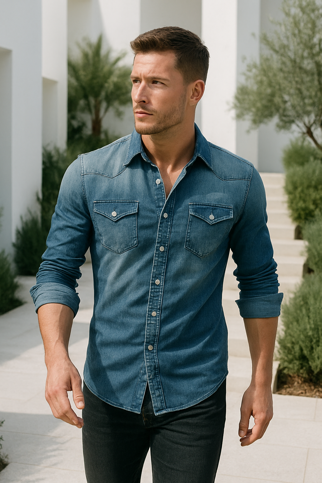Chemise en Denim Retro pour Homme à Poches Boutonnées 1