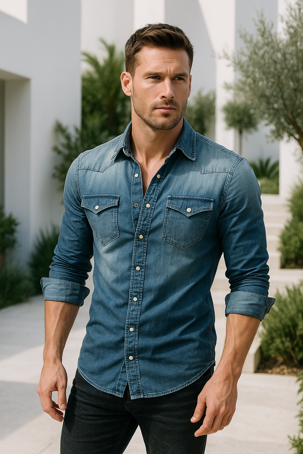Chemise en Denim Retro pour Homme à Poches Boutonnées 2