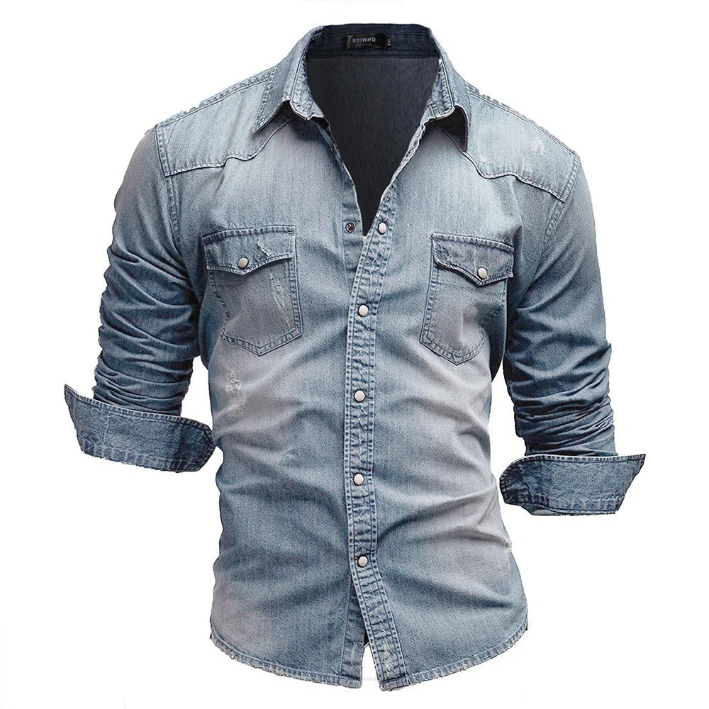 Chemise en Denim Retro pour Homme à Poches Boutonnées 7