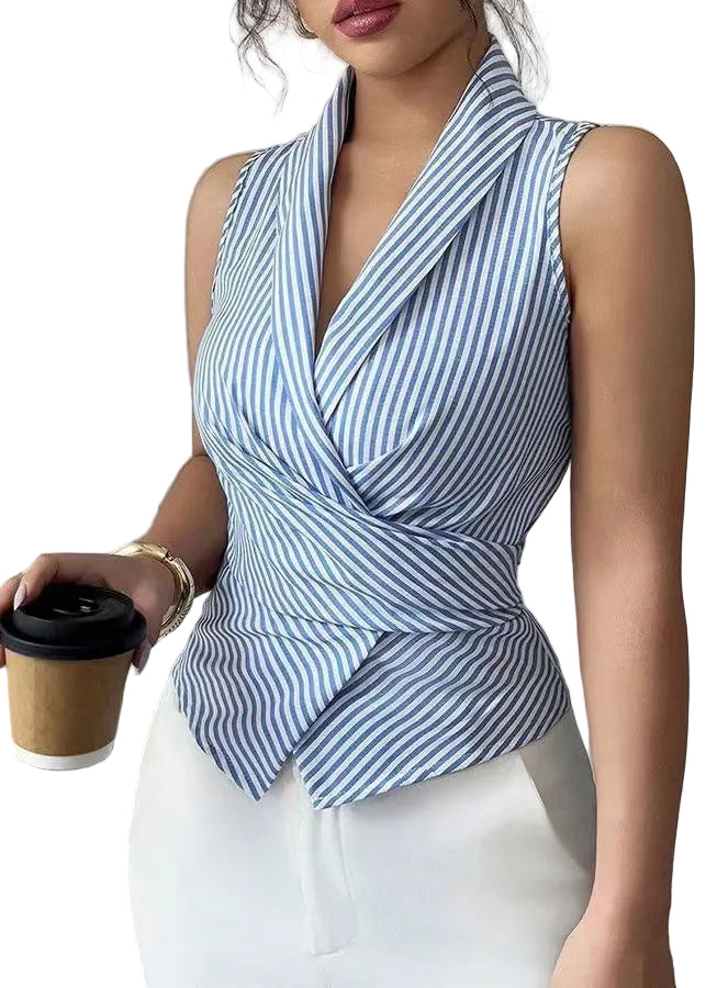 Chemise sans manches à col en V rayée pour femme avec lacets 0