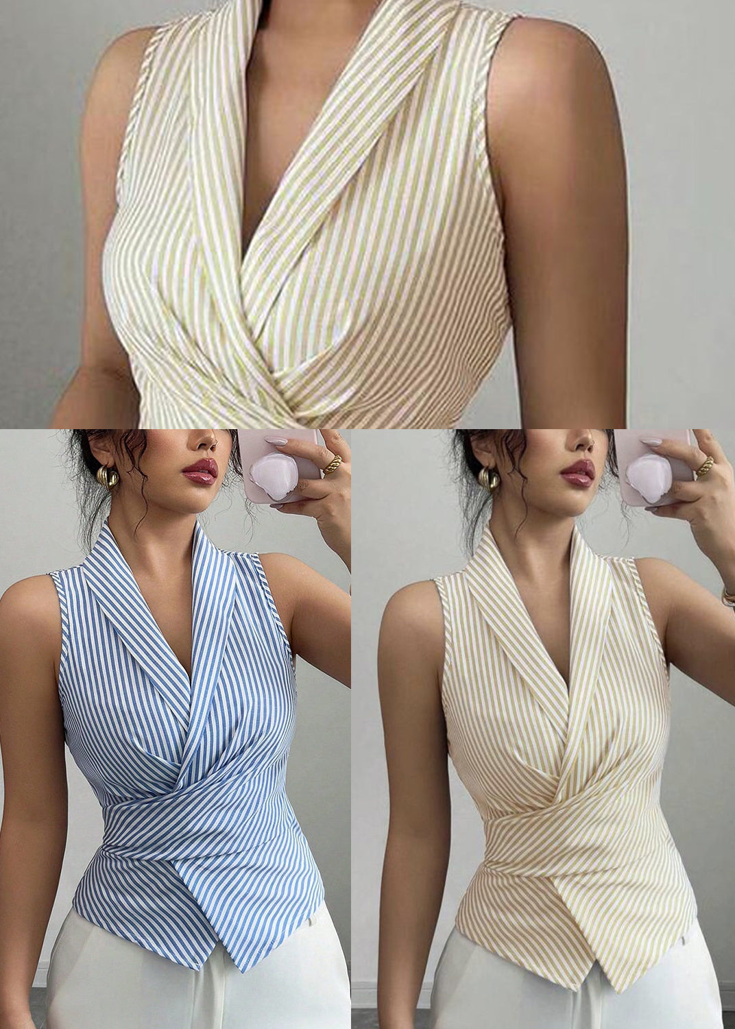 Chemise sans manches à col en V rayée pour femme avec lacets 4