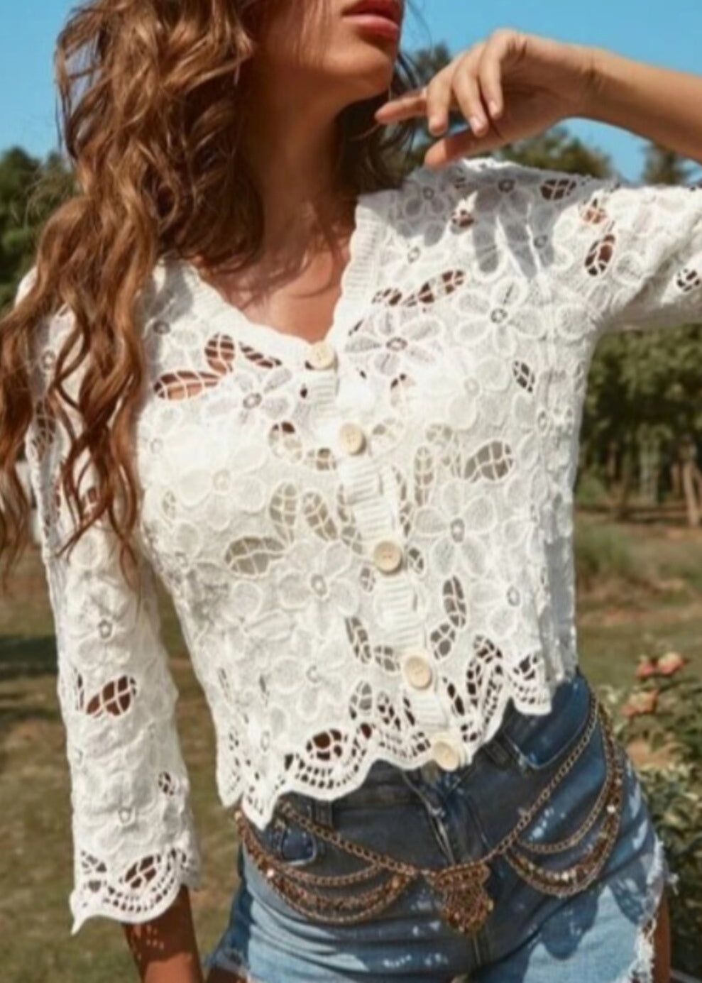 Chemisier Femme Boutonné Style Dentelle Ajourée Été 3