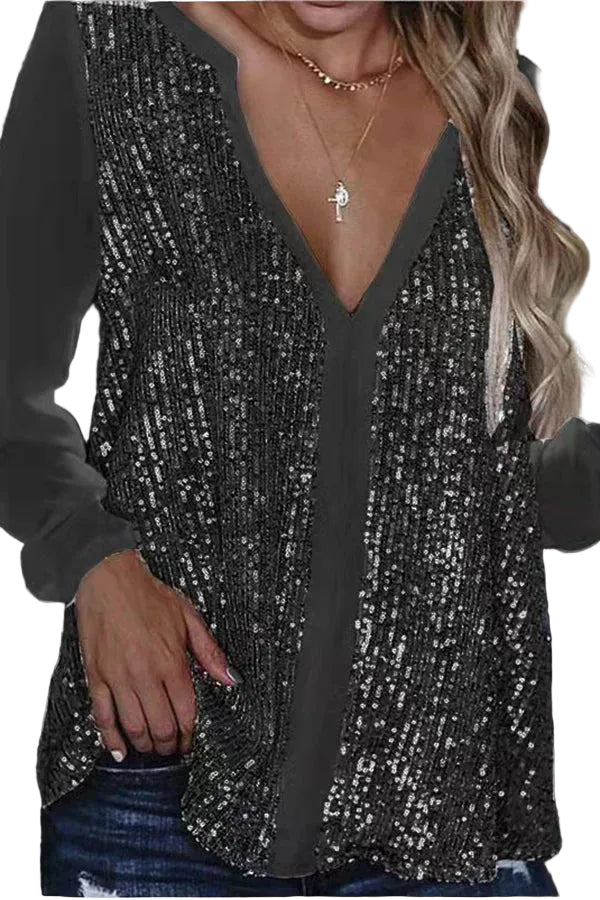 Chemisier Femme Chic Pailleté à Manches Longues Col en V 0