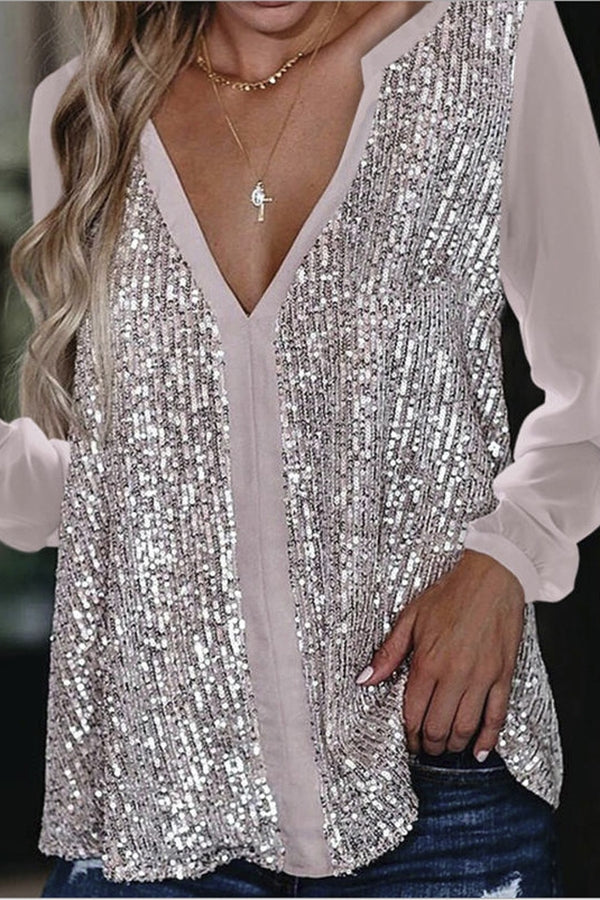 Chemisier Femme Chic Pailleté à Manches Longues Col en V 1