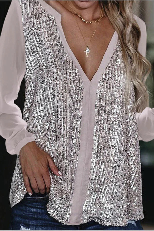 Chemisier Femme Chic Pailleté à Manches Longues Col en V 4