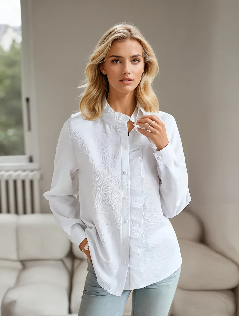 Chemisier Femme Chic à Manches Longues en Tissu Doux avec Volants 2