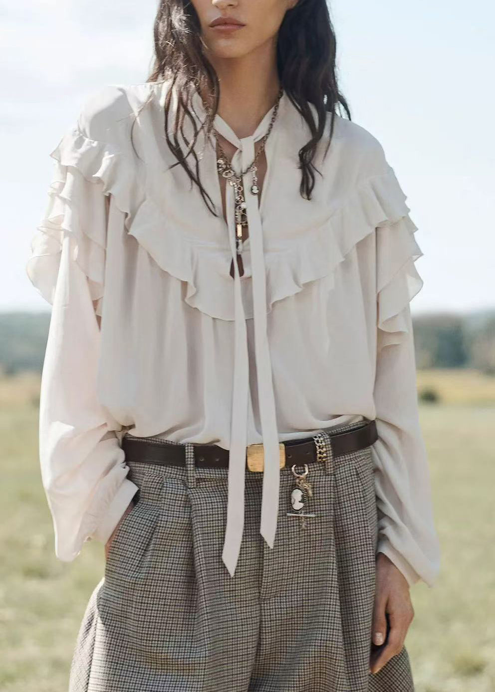 Chemisier Femme Oversize à Volants et Lacets Manches Longues 0