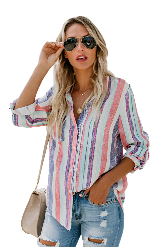 Chemisier à Col Rabattu en Lin à Rayures pour Femme 0