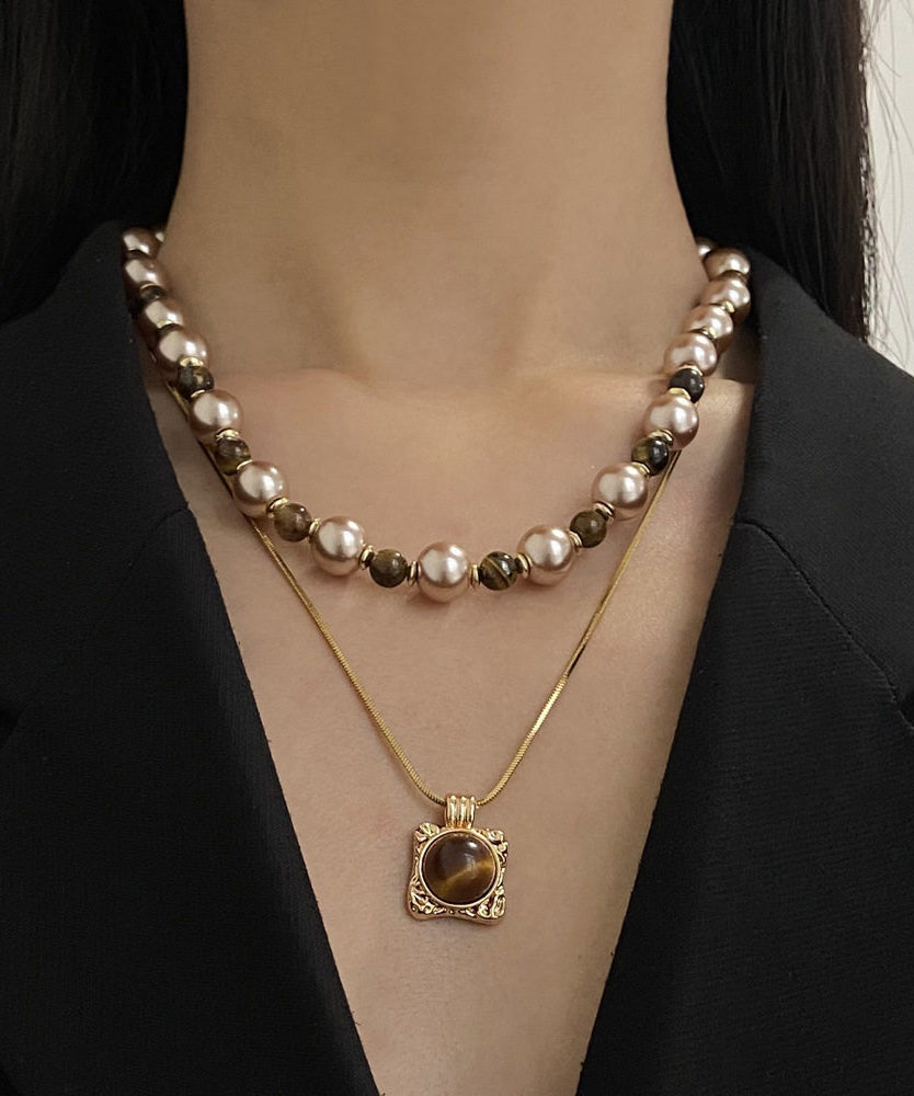 Collier Femme Perles Graduées Style Oeil de Tigre 0