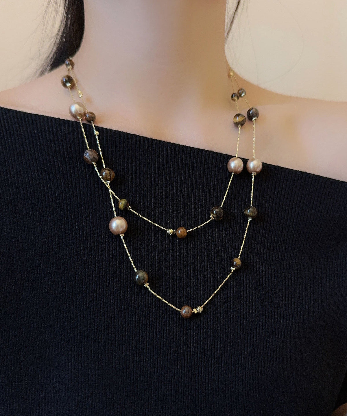 Collier Femme Perles Graduées Style Oeil de Tigre 2