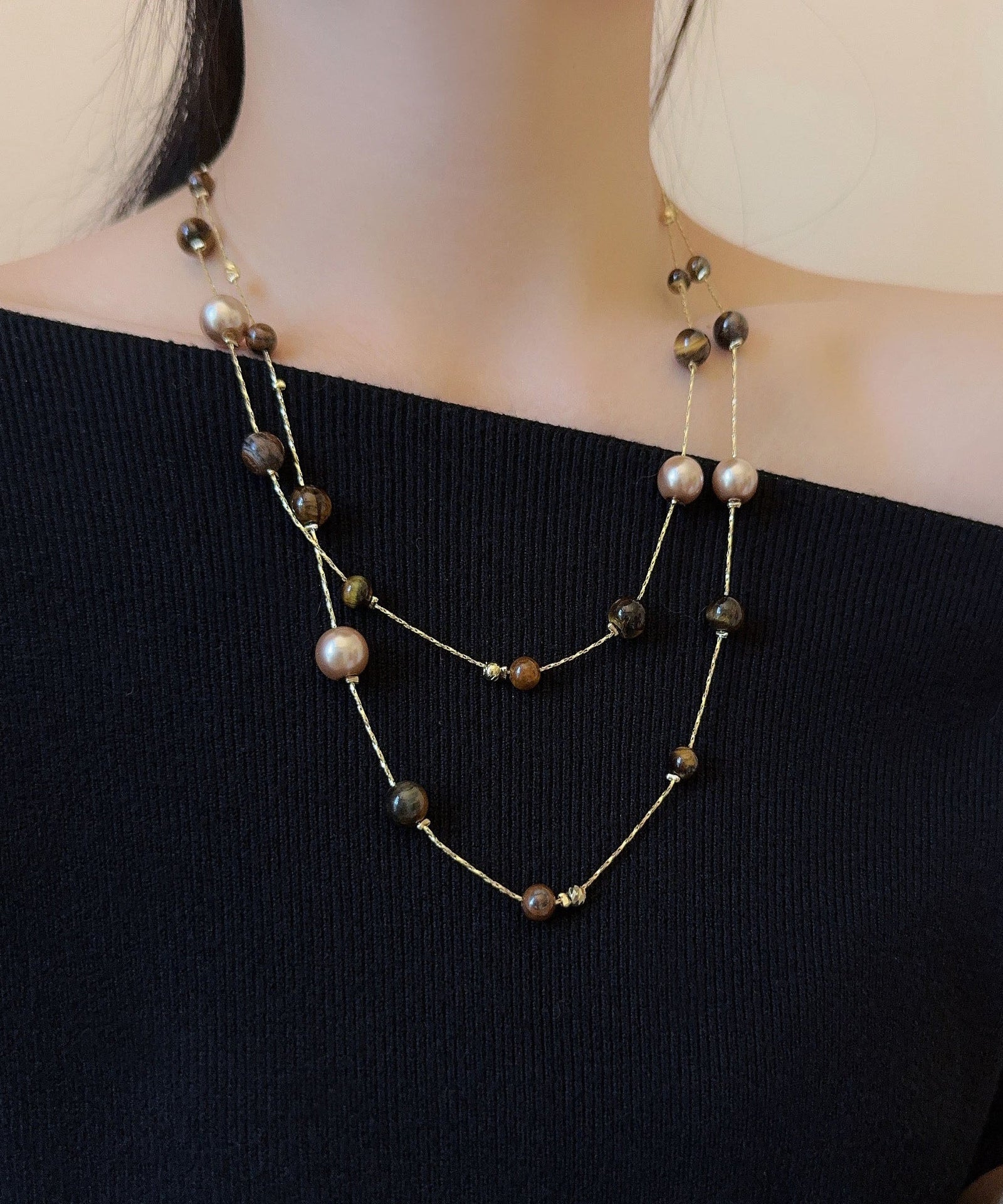 Collier Femme Perles Graduées Style Oeil de Tigre 2