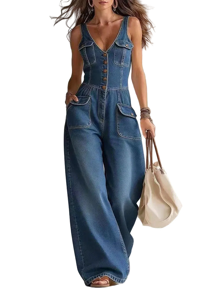 Combinaison pantalon droite femme style bohème avec poches surdimensionnées 0