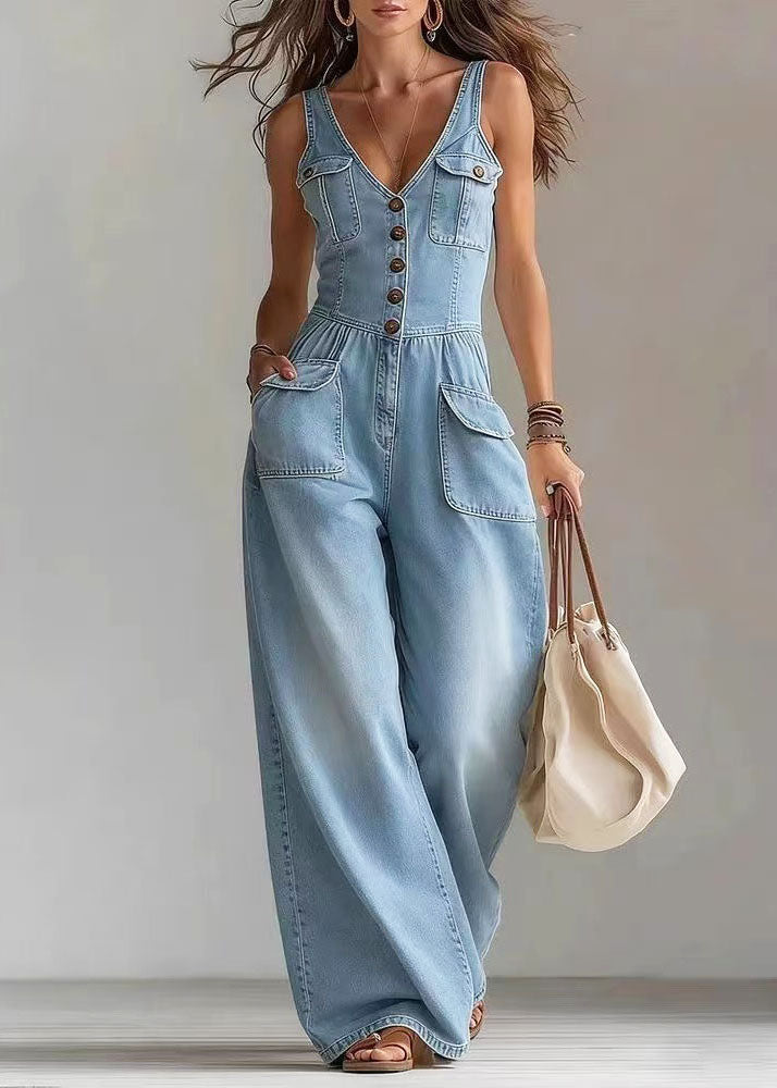 Combinaison pantalon droite femme style bohème avec poches surdimensionnées 1