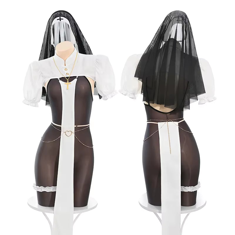 Costume Femme Cosplay Charlotte Nun Combinaison Transparente Coupe Ouverte 4