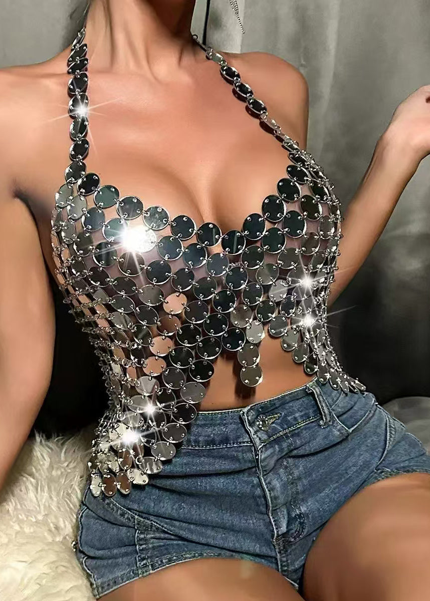 Débardeur Femme Dos Nu à Paillettes Argentées Style Italien 2