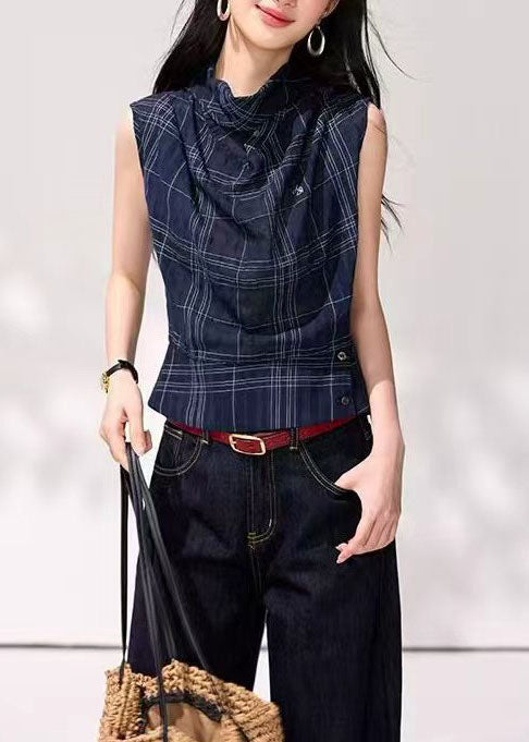 Débardeur Femme Drapé Col Bénitier à Carreaux Casual 1