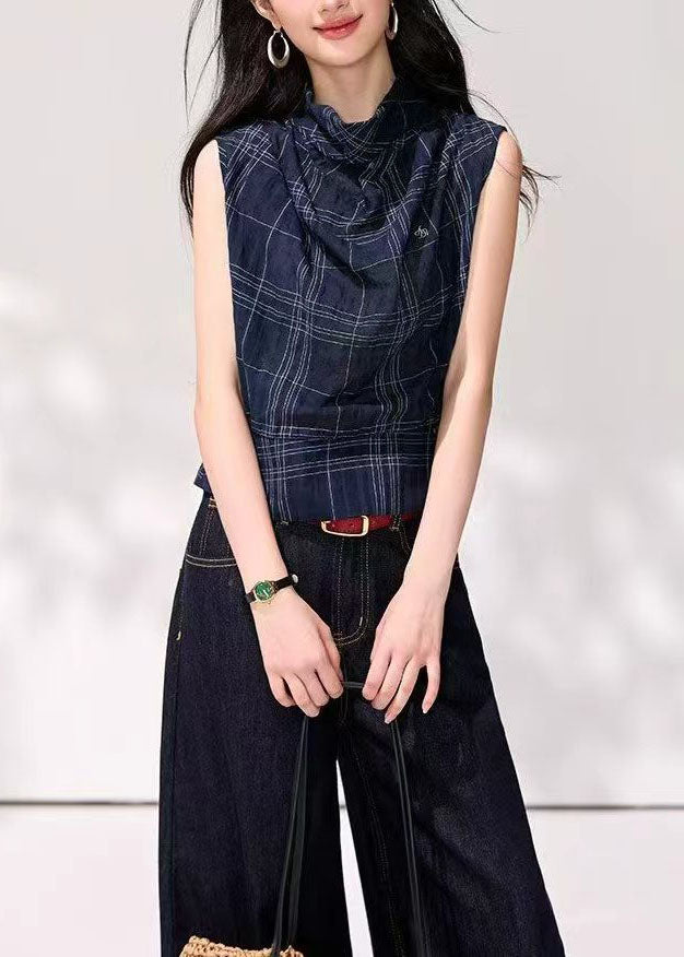 Débardeur Femme Drapé Col Bénitier à Carreaux Casual 2