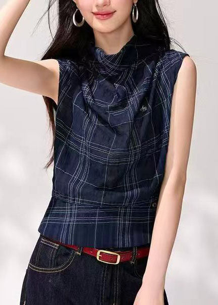 Débardeur Femme Drapé Col Bénitier à Carreaux Casual 3