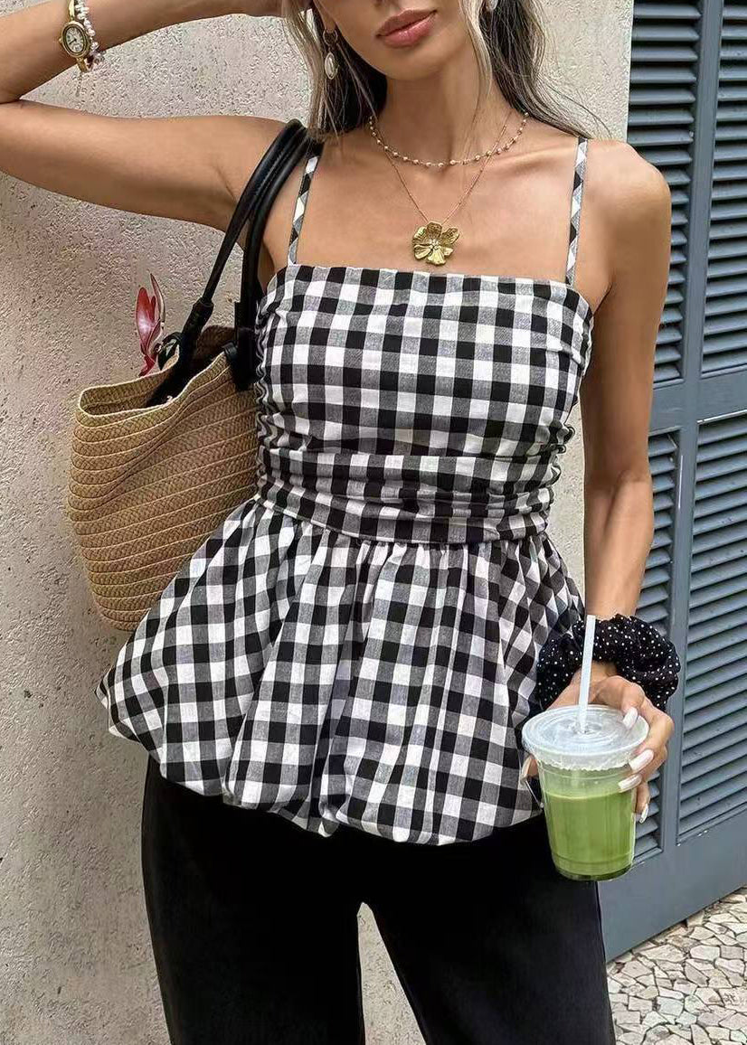 Débardeur Femme à Carreaux Noir Style Froissé Sans Manches 1