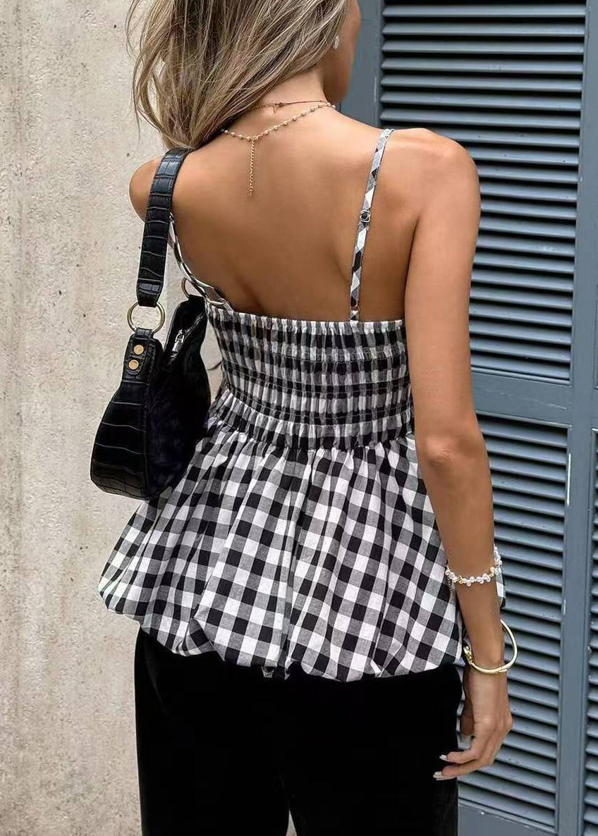 Débardeur Femme à Carreaux Noir Style Froissé Sans Manches 4