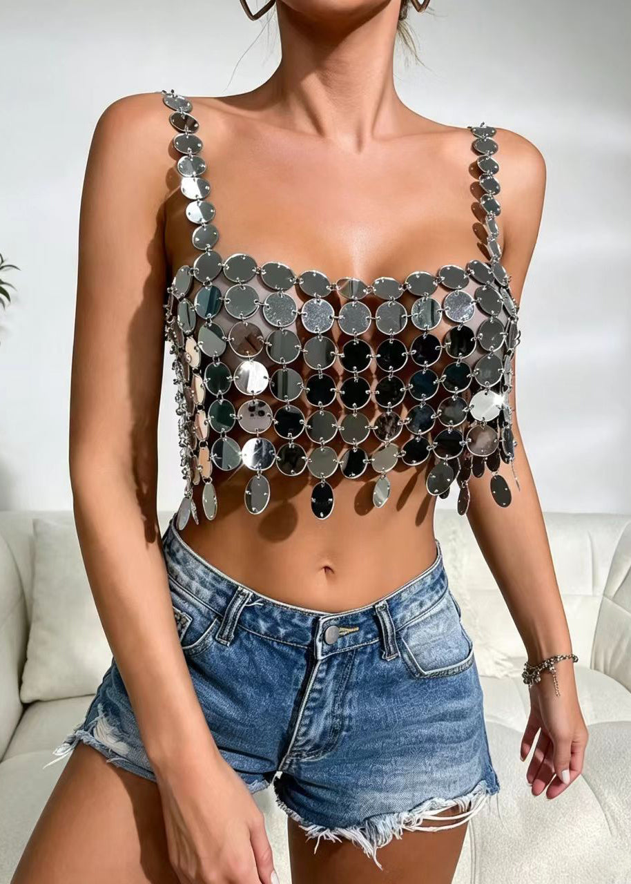 Débardeur femme à paillettes argentées découpé sans manches 1