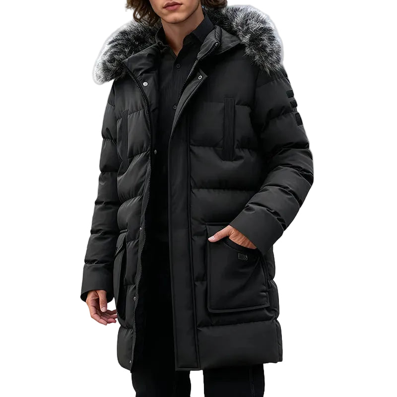 Doudoune Homme Mi-Longue avec Capuche Amovible et Poches Pratiques 0