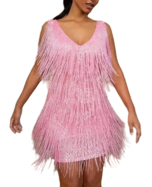 Variant image for Robe Femme Rose Élégante Décolleté en V Tissu Pailleté-9