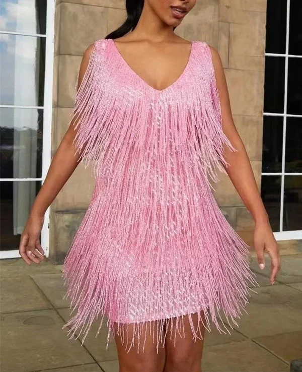 Variant image for Robe Femme Rose Élégante Décolleté en V Tissu Pailleté-9