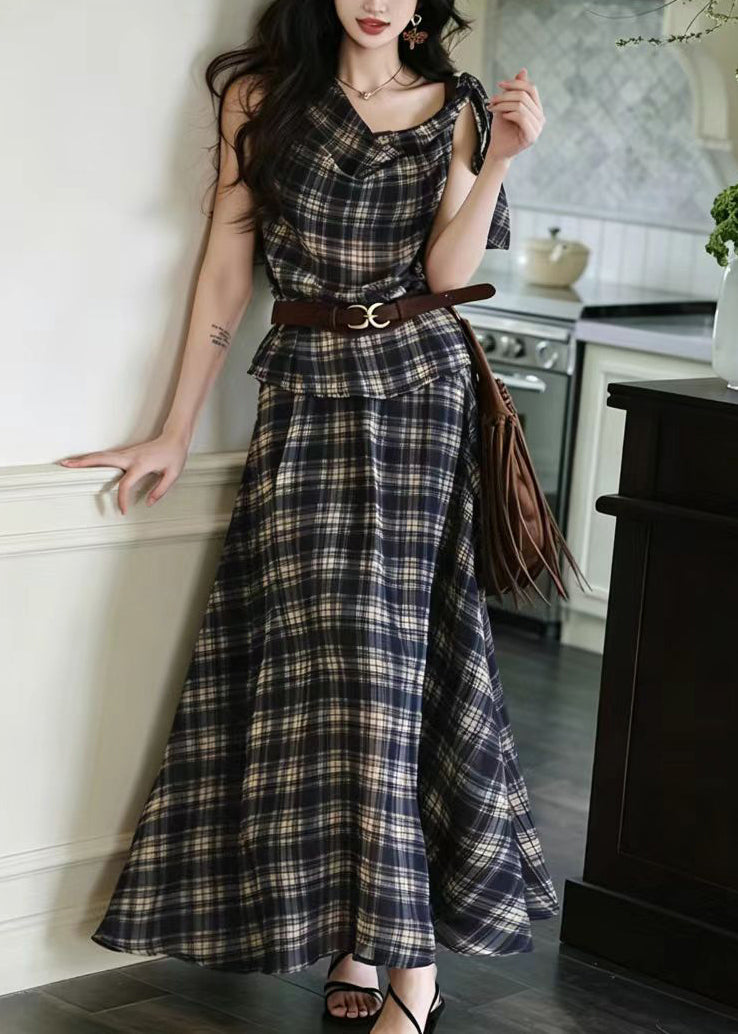 Ensemble Femme 2 Pièces Ajusté à Carreaux Épaule Asymétrique à Lacets 0