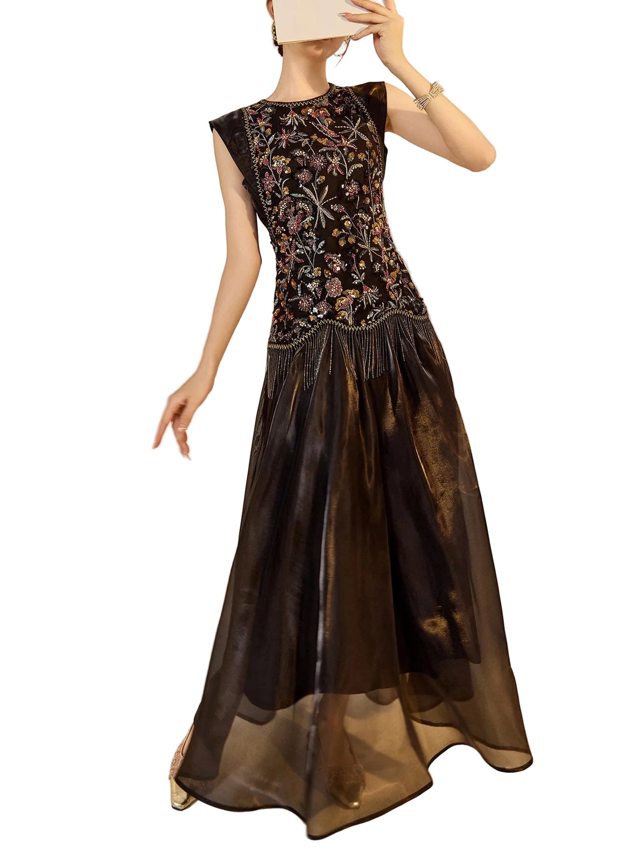 Ensemble Femme 2 Pièces Sans Manches Brodé avec Détails Perle et Gland 0