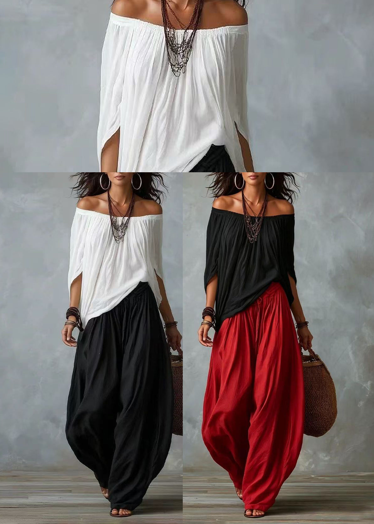 Ensemble Femme 2 pièces Col Oblique Manches Chauve-souris Ample 4