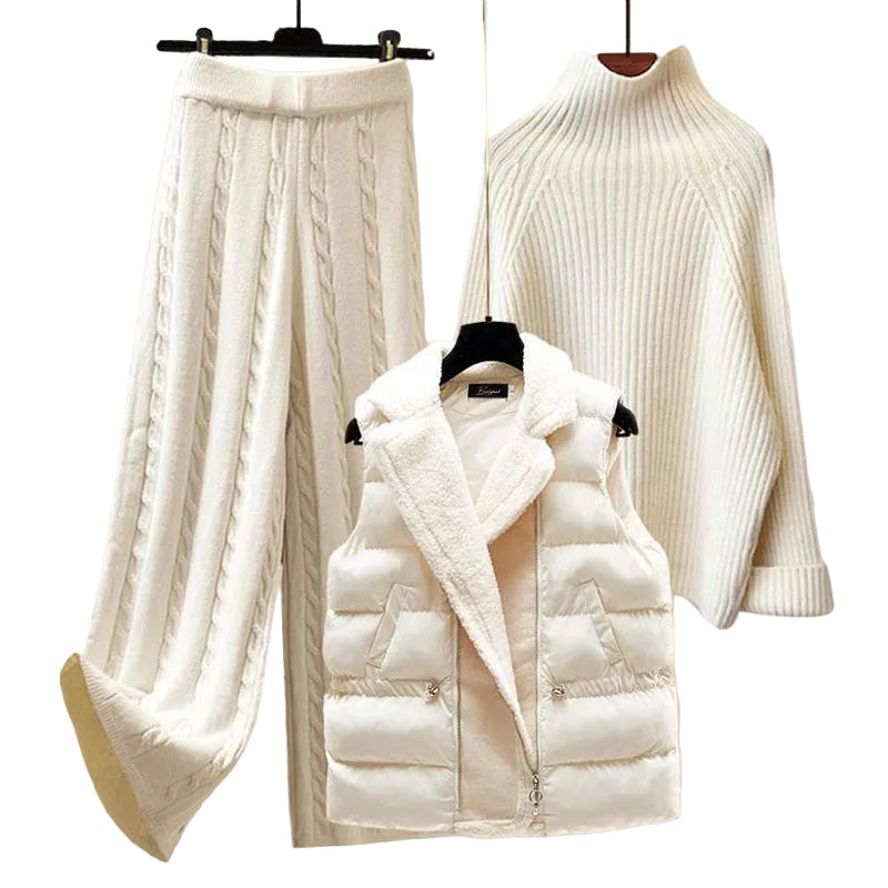 Ensemble Femme 3 Pièces Hiver Chic avec Pull, Pantalon Large et Doudoune 0