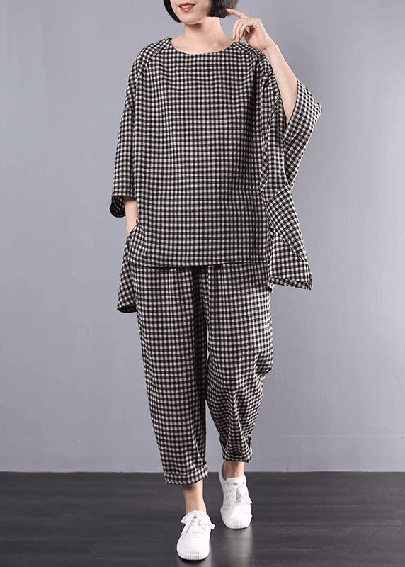 Ensemble Femme Carreaux Vintage en Lin Coton Décontracté 5