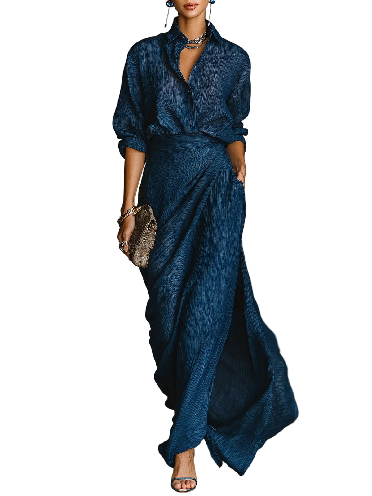 Ensemble Femme Chemise Ajustée et Jupe Longue Fluide Chic 0