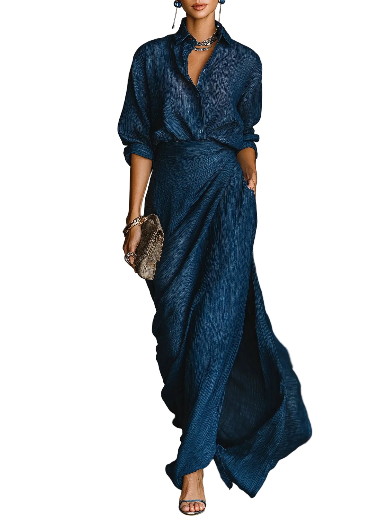 Ensemble Femme Chemise Ajustée et Jupe Longue Fluide Chic 0