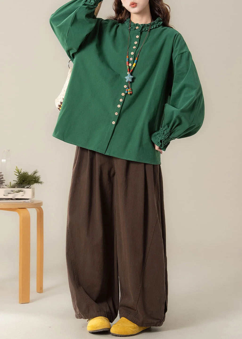 Ensemble Femme Chemise Boutonnée Col Rond et Pantalon Large Manches Lanternes 1