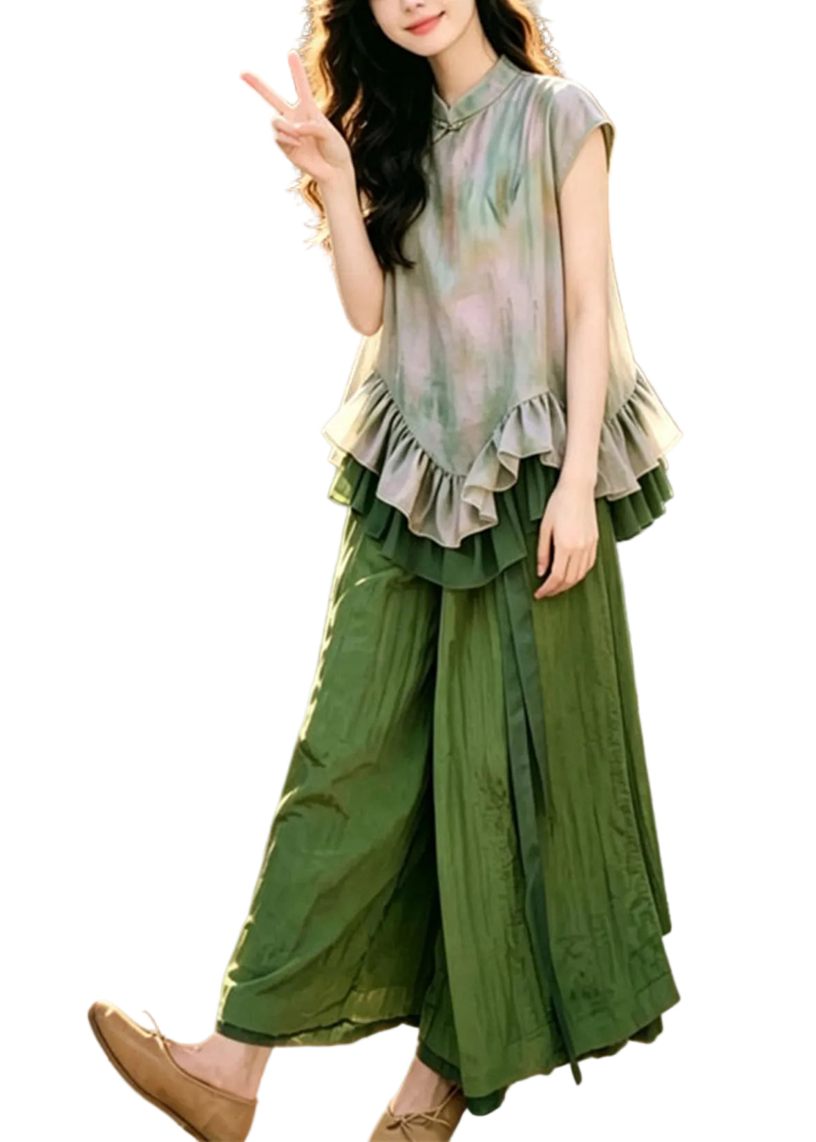Ensemble Femme Chemise Imprimée Volants et Pantalon Large Estival 0