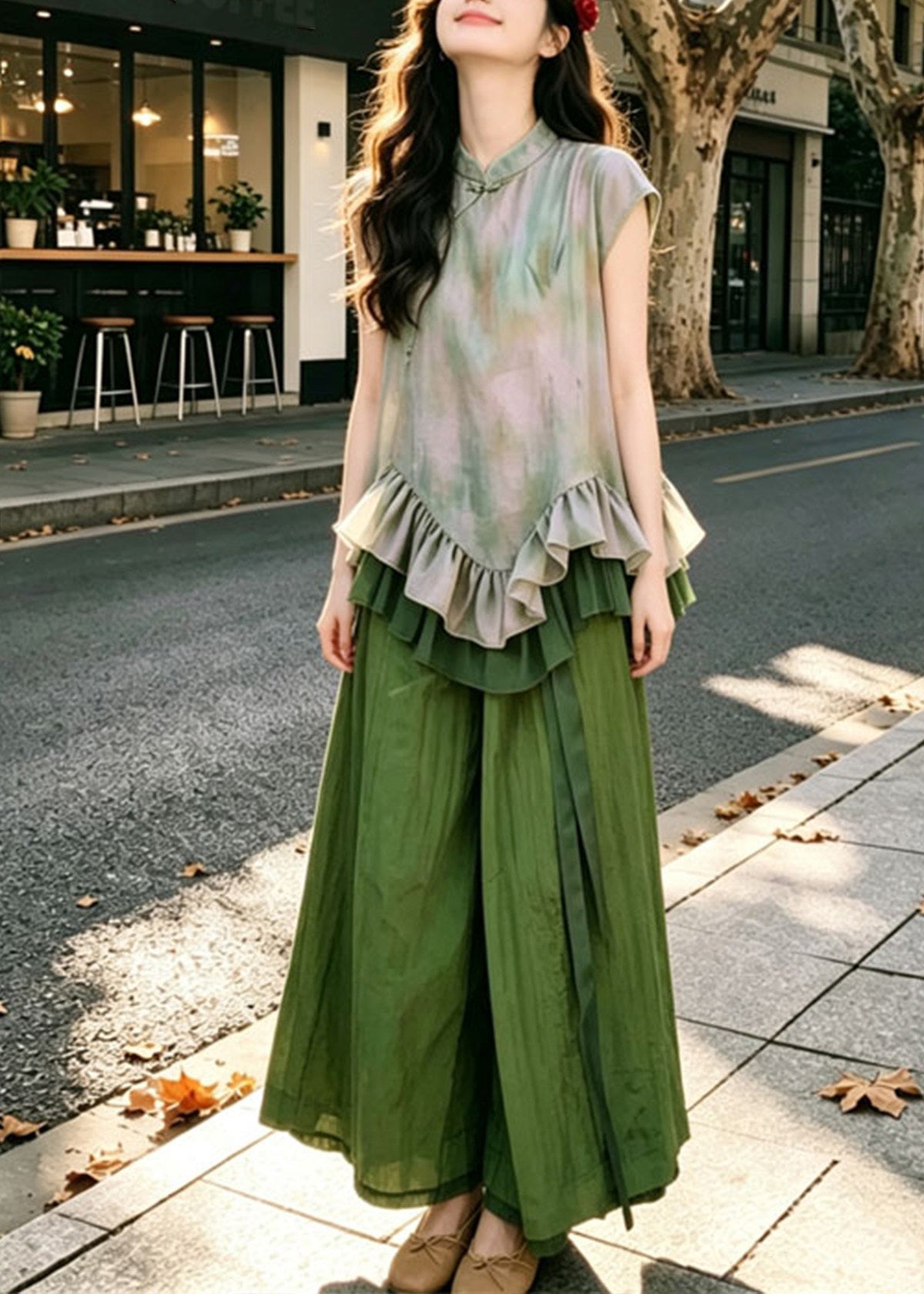 Ensemble Femme Chemise Imprimée Volants et Pantalon Large Estival 1