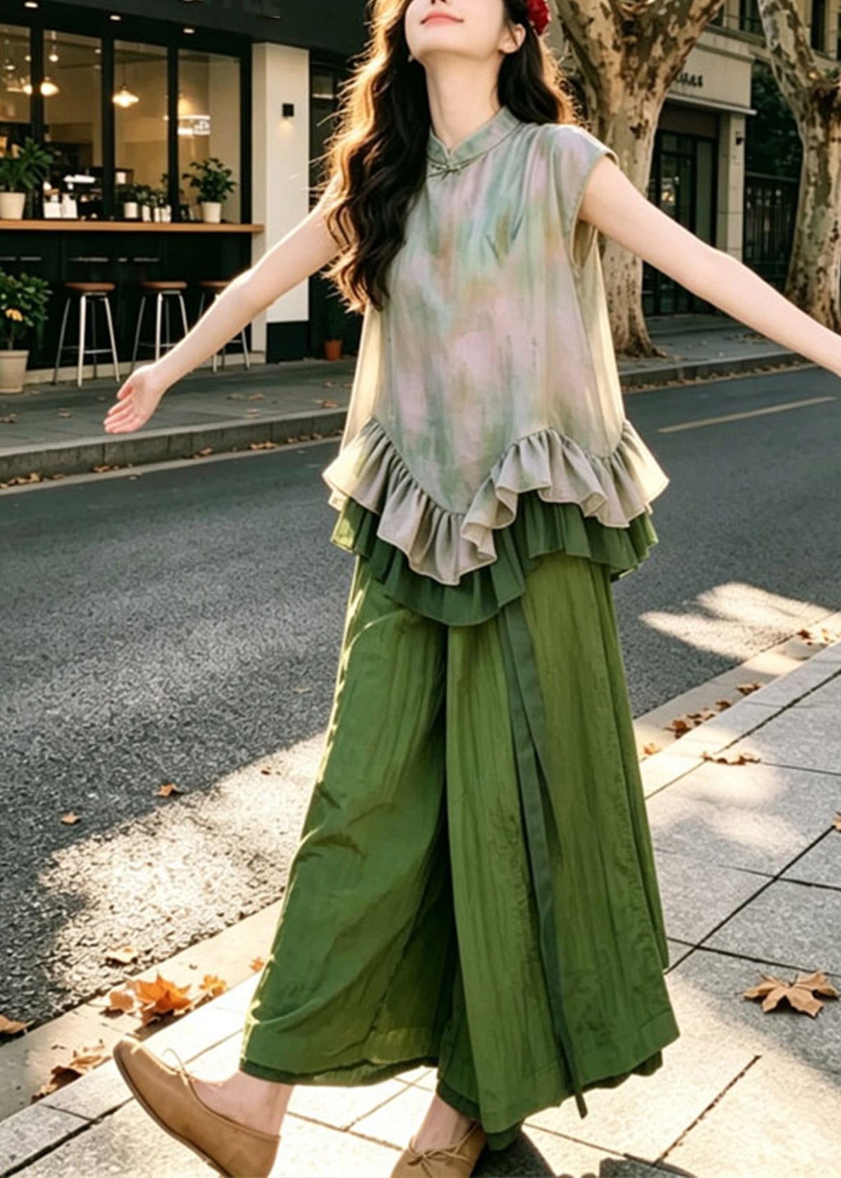 Ensemble Femme Chemise Imprimée Volants et Pantalon Large Estival 2