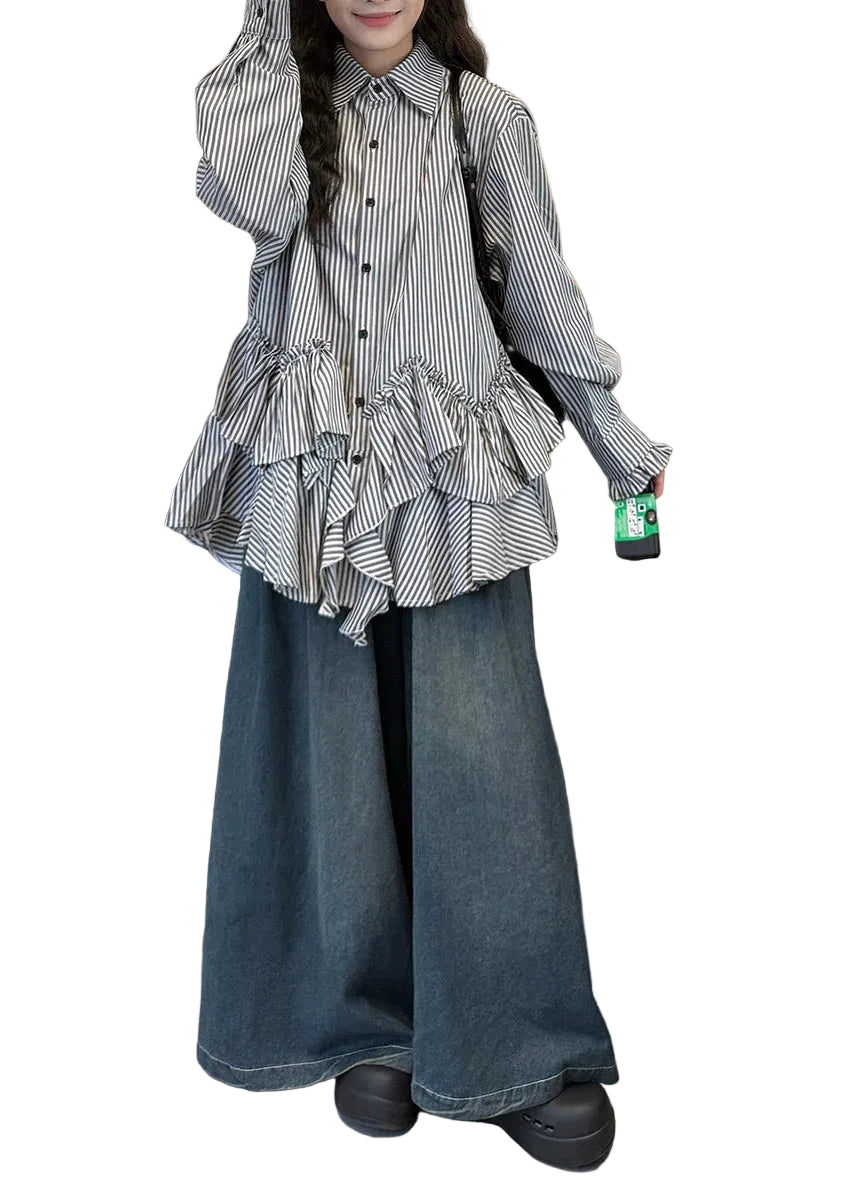 Ensemble Femme Chemise Rayée Asymétrique Col Claudine et Jean Manches Longues 0