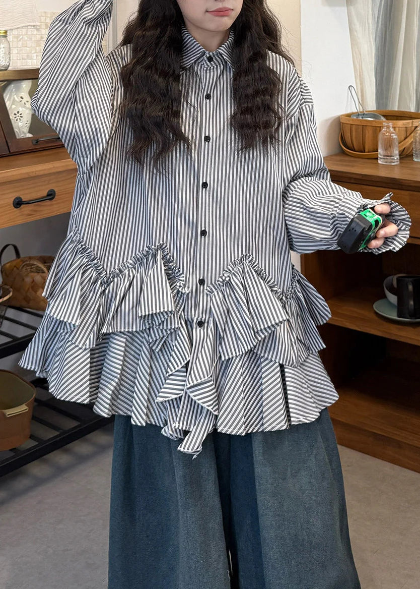 Ensemble Femme Chemise Rayée Asymétrique Col Claudine et Jean Manches Longues 3