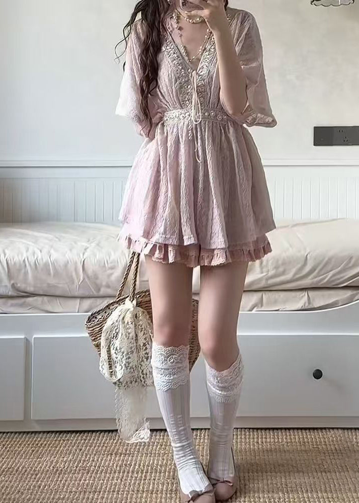 Ensemble Femme Costume Deux Pièces Col V Lacets Style Chic Été 1
