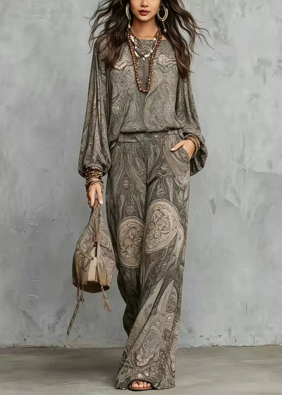 Ensemble Femme Deux Pièces Ample Imprimé Col Rond Manches Longues 2