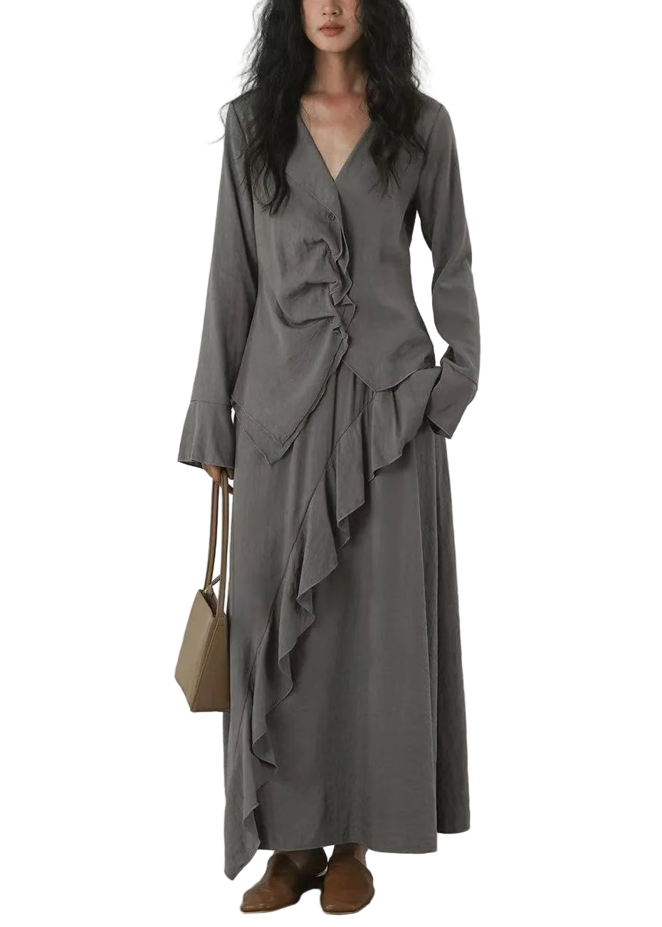 Ensemble Femme Deux Pièces Asymétrique à Volants Col V Manches Longues 0